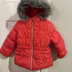 Protection System Vibrant Coral Puffer Jacket with Silver Dots and Fur Hood